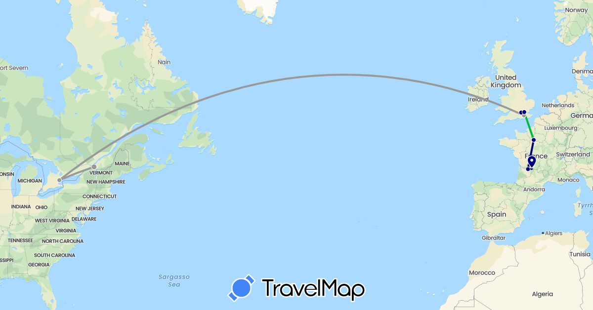 TravelMap itinerary: driving, bus, plane in Canada, France, United Kingdom (Europe, North America)
